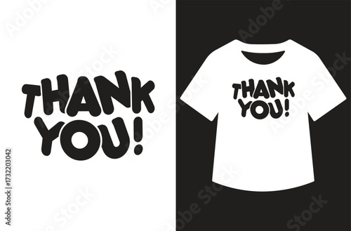 Minimalist black and white graphic featuring "Thank You" in modern calligraphy. Text shown standalone and on a white t-shirt design. Clean, bold, high-contrast style for print or design use.