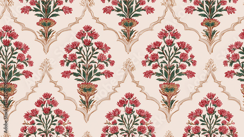 Vintage floral ogee lattice with crimson blossoms and sage leaves on cream
