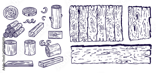 Wood rings. Round tree trunk cut with growth lines, wooden circle log with natural textured surface, carpentry material flat style. Vector isolated set