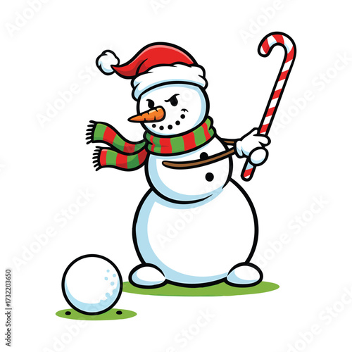 Cartoon snowman playing golf with a candy cane on a white background christmas sport
