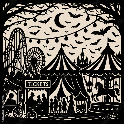 Spooky Carnival & Big Top — Halloween Fairground with Bats & Ticket Booth (B/W Vector)