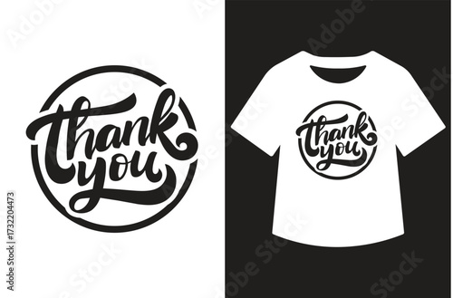 Minimalist black and white graphic featuring "Thank You" in modern calligraphy. Text shown standalone and on a white t-shirt design. Clean, bold, high-contrast style for print or design use.
