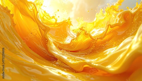 Abstract Yellow Fluid Splash with Dynamic Motion and Bright Light Detail Closeup View of Liquid Waves and Droplets