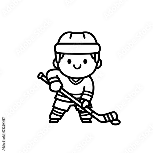 minimalist icon of a boy hockey player wearing a helmet, holding a hockey stick and a puck. The simple black and white outline is perfect for sports activities, teaching children, and educational 