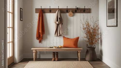 Autumn-Inspired Entryway Interior with Wooden Bench, Knit Scarf and Fall Boot