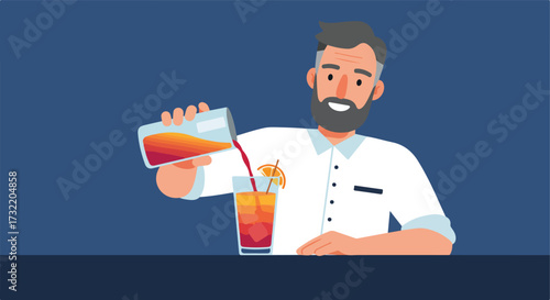 Bartender pours cocktail into glass with orange garnish on blue background