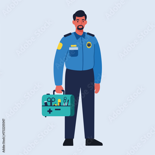 Paramedic holding medical kit stands on pale blue backdrop, in uniform
