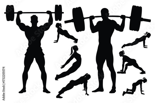 Silhouettes of men and women exercising with barbells and doing pushups