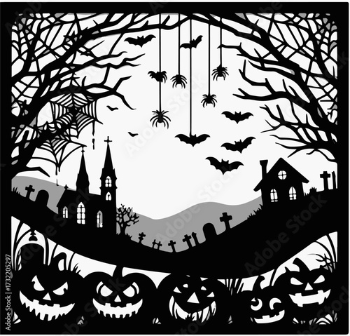 Hanging Spiders & Bats over Haunted Village — Moonlit Graveyard Border (B/W Vector)