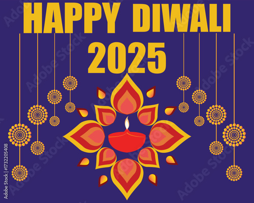 Happy Diwali 2025 festival greeting card design.Colorful Happy Diwali 2025 greeting card with diya lamp, rangoli floral decoration, and  ornaments celebrating the Indian festival of lights.EPS 10/ AI.