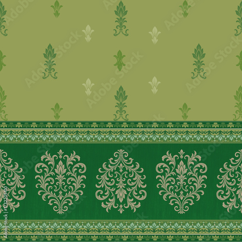 Luxurious green damask seamless pattern with floral details in light and dark tones, suitable for wallpaper, fabric, gift wrapping, and decorative projects.
