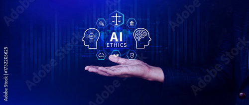 AI ethics expert guides the way, balancing artificial intelligence with humanity, Icons related AI ethics, symbols of legal scales, security, ethical standards and regulations in AI technology.