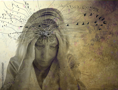 Conceptual portrait of an older woman holding her head with abstract lines and birds