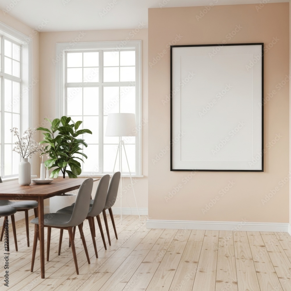 Fototapeta premium Elegant modern dining room with large empty frame, natural light and plant decor