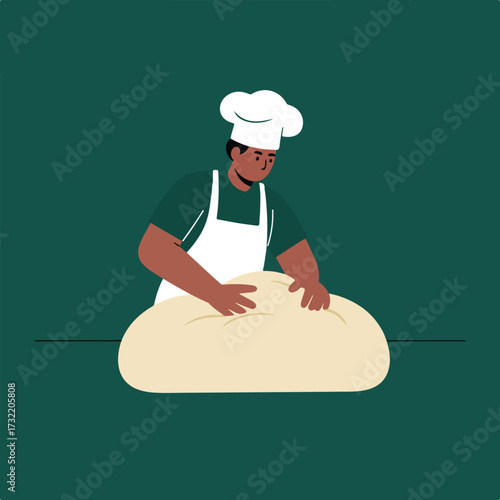 Baker kneading dough in a stylized flat illustration against dark teal background