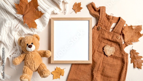 Autumn baby clothes flat lay composition with teddy bear, knitted blanket, overalls, wooden frame and fall leaves on neutral background.