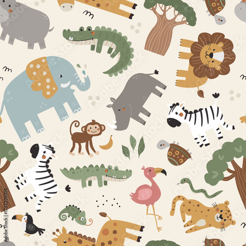Vector seamless pattern with safari animals.