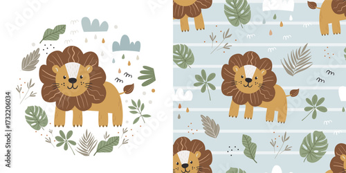 Children's set of poster and seamless pattern with cute lions.