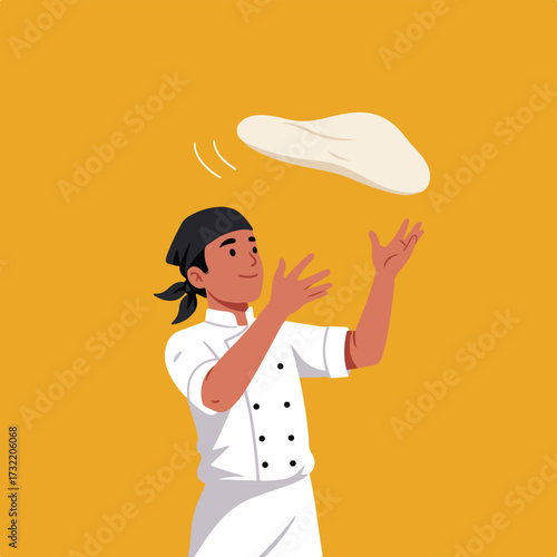 Smiling chef tosses pizza dough in the air against a golden yellow background