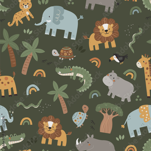 Vector seamless pattern with safari animals and rainbows on a green background.