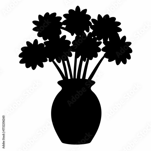 Elegant black silhouette of flowers in a vase against a white background