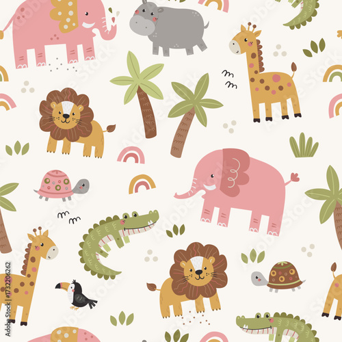 Vector seamless pattern with safari animals and rainbows for girls.