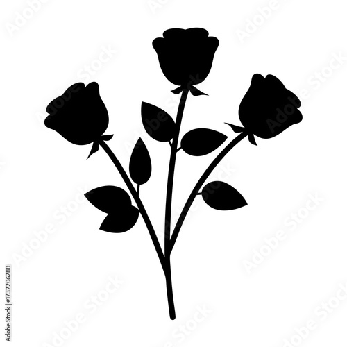 Elegant black silhouette of three blooming roses with stems and leaves