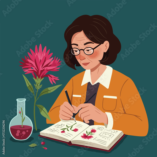 Woman drawing flowers in notebook with beaker of red liquid on a blue background