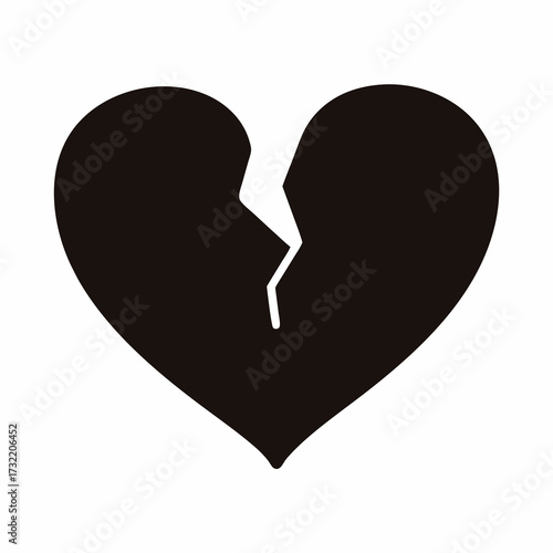 Black heart with a crack through the middle on white background