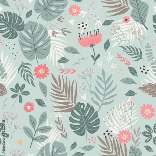 Vector simple seamless pattern with monstera leaves, flowers, branches on blue background.