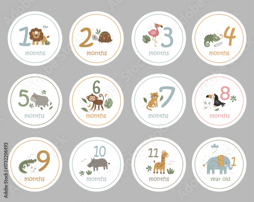 Round monthly kid's cards featuring cute safari animals.