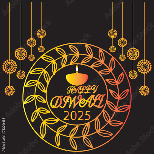 Happy Diwali 2025 festival greeting card design.Colorful Happy Diwali 2025 greeting card with diya lamp, rangoli floral decoration, and  ornaments celebrating the Indian festival of lights.EPS 10/ AI.