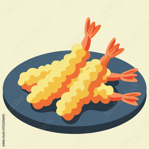 Fried shrimp on a plate in vector style, with crisp batter and orange tails