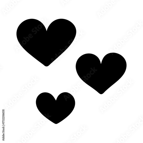 Three simple black hearts against white background conveys love and emotion