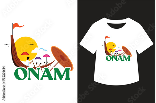 Minimalist black and white graphic featuring "Happy Onam" in modern calligraphy. Text shown standalone and on a white t-shirt design. Clean, bold, high-contrast style for print or design use.