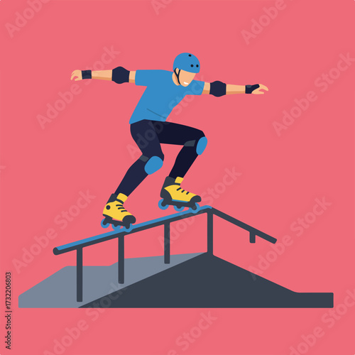 Roller skater performing a trick on a ramp, wearing safety gear