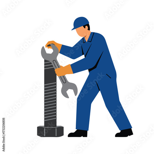 Mechanic using wrench on a large bolt, wearing blue jumpsuit and cap