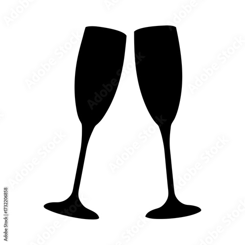 Silhouette of two champagne flutes in a celebratory toast on white