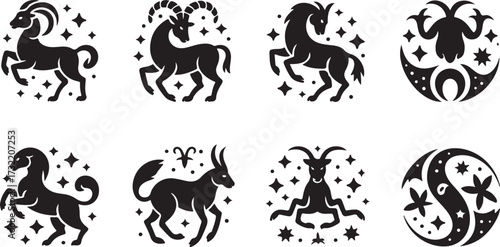 Black silhouette zodiac symbols and celestial elements on white background astrology horoscope