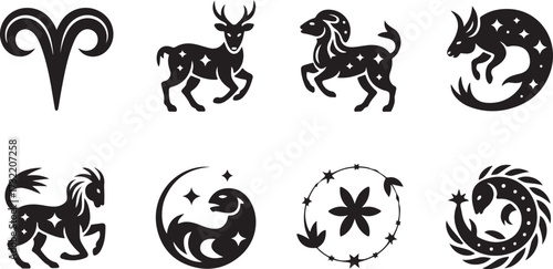 Black zodiac symbols and celestial animal graphics on white background aries symbol ram symbol