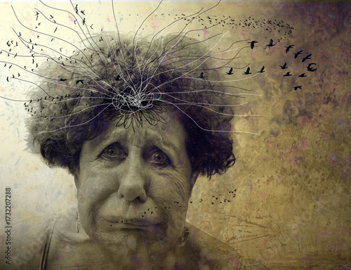 Conceptual portrait of an older woman holding her head with abstract lines and birds emerging from her mind