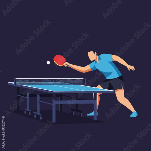 Table tennis player hitting ball over net on table