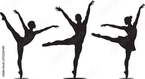 Three black silhouettes of ballerinas in graceful dance poses on a white background ballet dancer