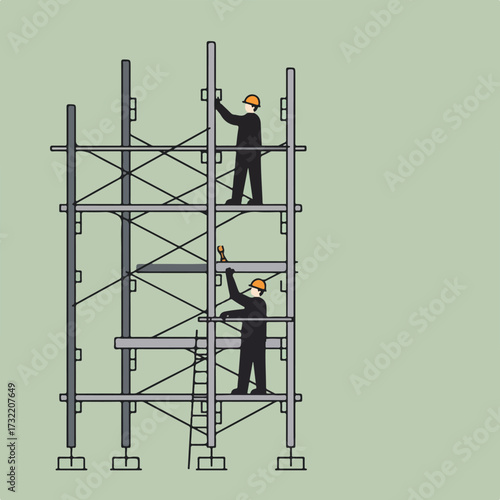 Two workers construct scaffolding in front of a plain, light green background