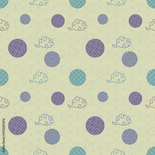 Soft pastel seamless Asian pattern featuring cloud and circle motifs in muted tones. Ideal for wallpapers, textiles, wrapping, stationery, and digital backgrounds.