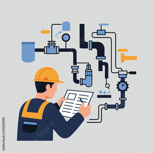 Engineer reads report by complex pipe system with gauges and valves