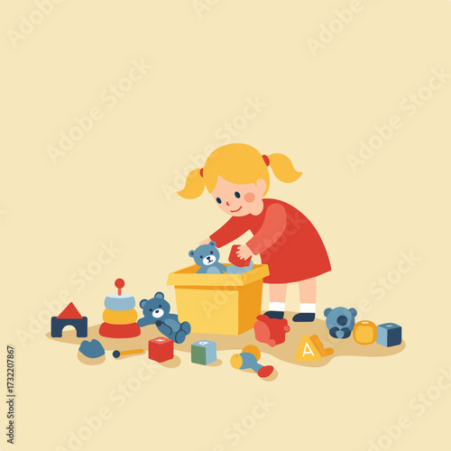 Young girl putting blue teddy bear in toy box, many toys scattered around