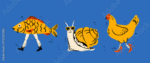 A hilarious and creative set of vector illustrations featuring funny, surreal animals. This trendy art includes a walking fish, a cool snail, and a hen in high heels, perfect for quirky projects.