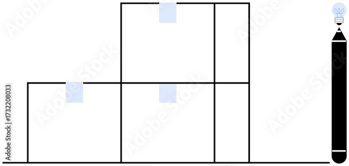 Stacked blocks forming steps, small placeholders, and a lit light bulb. Ideal for innovation, problem-solving, creativity, workflow optimization, brainstorming growth energy. A simple flat metaphor