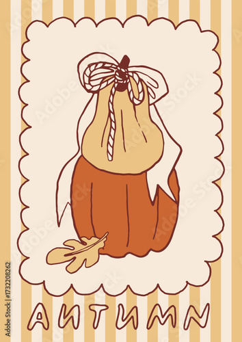 Whimsical Autumn poster. Fall card, hand drawn line art illustration. Cozy Autumn breakfast cafe wall art. Fall aesthetic stamp design. Cozy cottagecore autumn stamp frame card, vector background